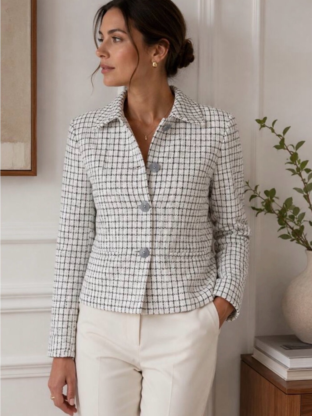 J Crew NWT Tweed collared lady's jacket, Black White Neutral Tweed. Pit-pit17